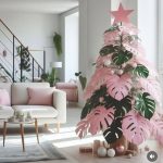 Rózsaszín-zöld monstera karácsonyfa minimalista lakásban