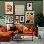 Stílusos nappali a narancsszín és zöld színharmóniájával berendezve