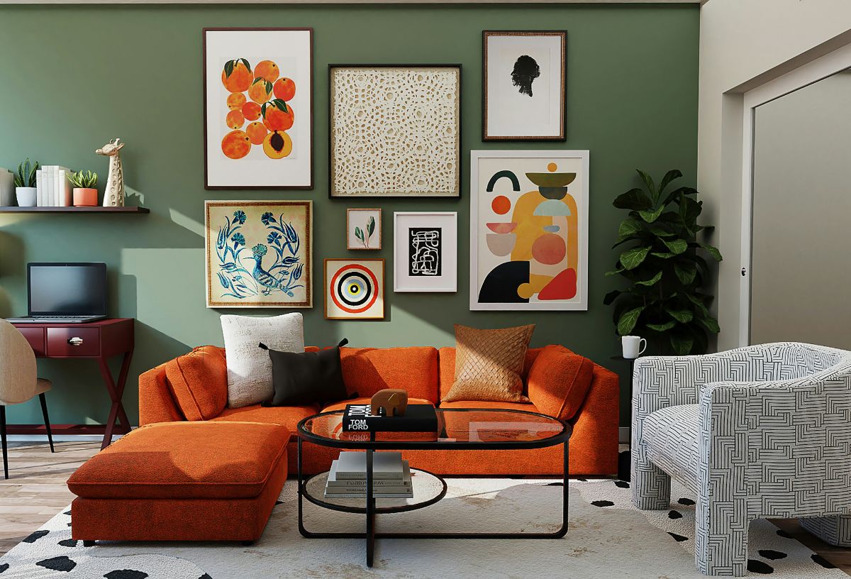 Stílusos nappali a narancsszín és zöld színharmóniájával berendezve