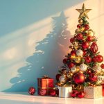 Feldíszített karácsonyfa reggeli fényben üres szobában