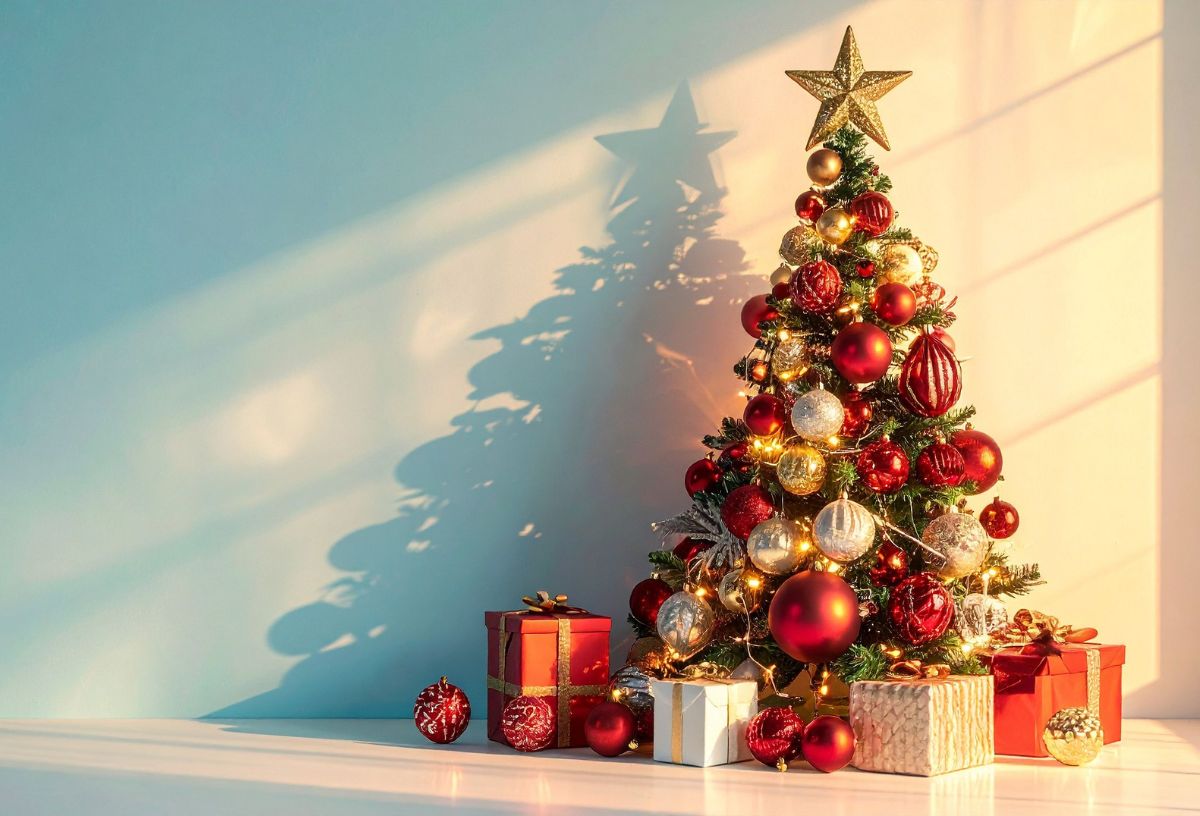 Feldíszített karácsonyfa reggeli fényben üres szobában