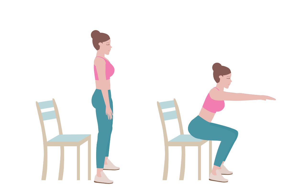 Grafikai illusztráción sematikus női alak felállást és guggolást végez székkel
