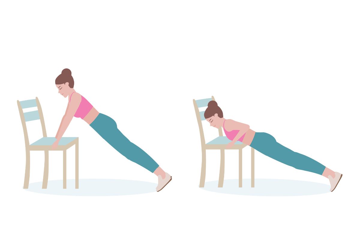 Sematikus női alak illusztráció, aki székkel push upot végez