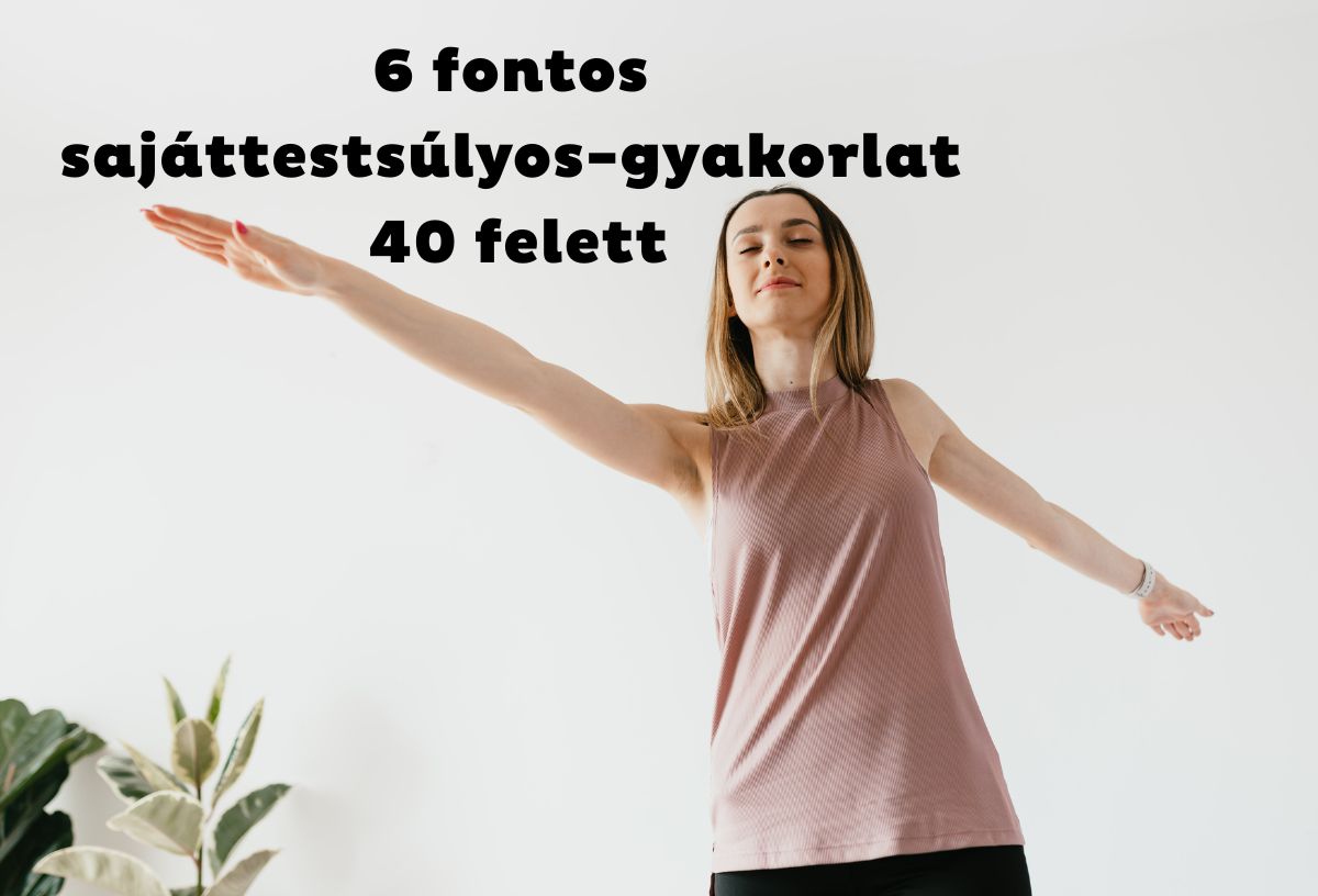 40-es éveiben járó nő otthon tornázik világos rózsaszín ujjatlan felsőben, egyik kezét előre, másikat hátra nyújtja