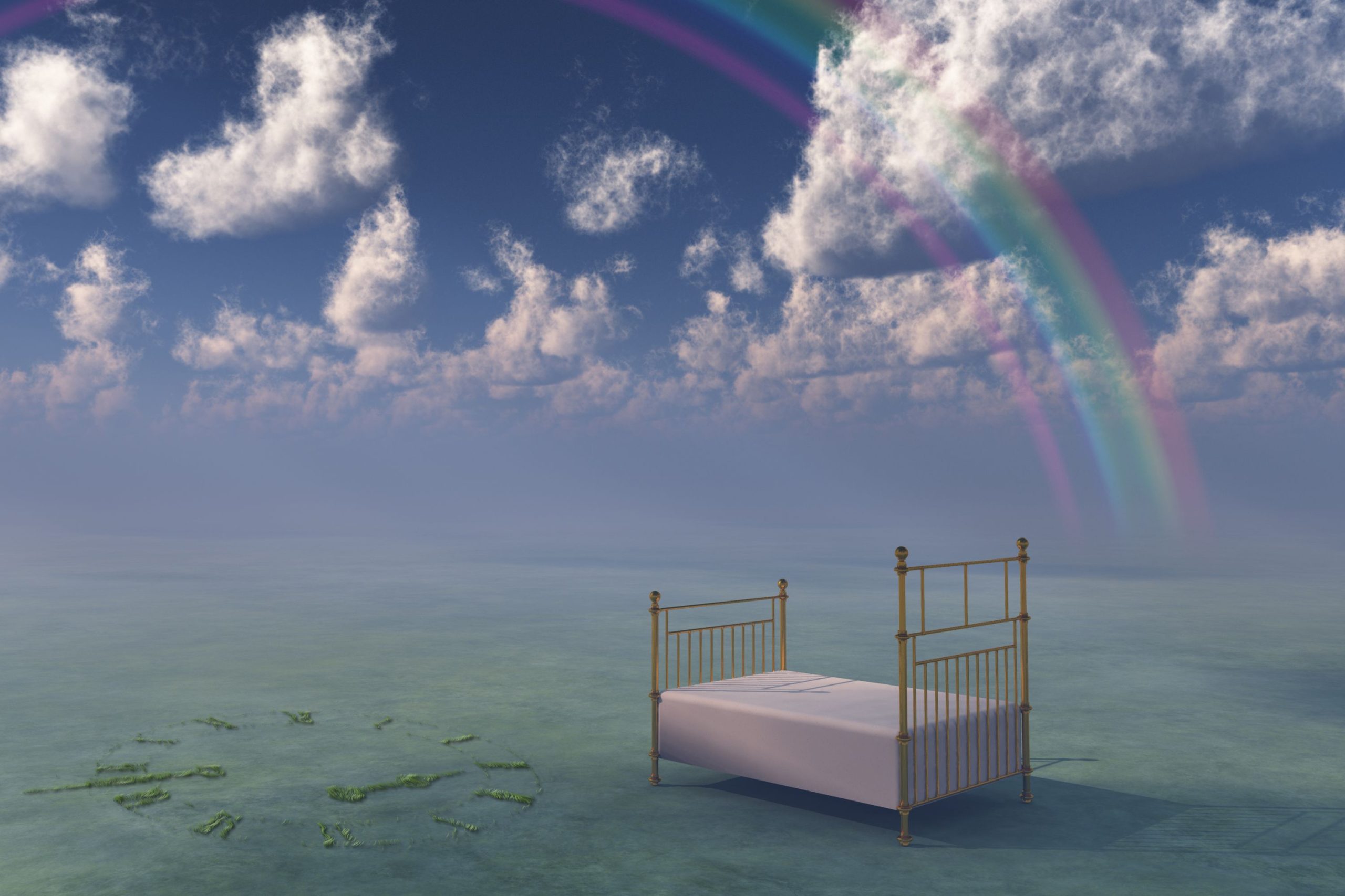 Álomszerű kép, amin egy kényelmes ágy látható bárányfelhős és szivárványos ég alatt