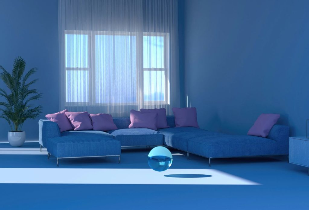 Futurisztikusan berendezett kék árnyalatú nappali holografikus gömbbel a közepén