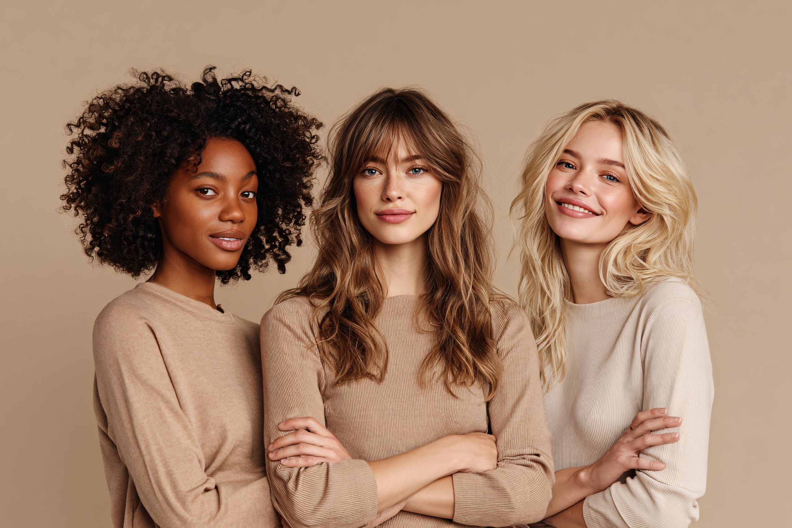 Három nő különböző hosszúságú hajjal és frizurával magabiztosan mosolyog a kamerába
