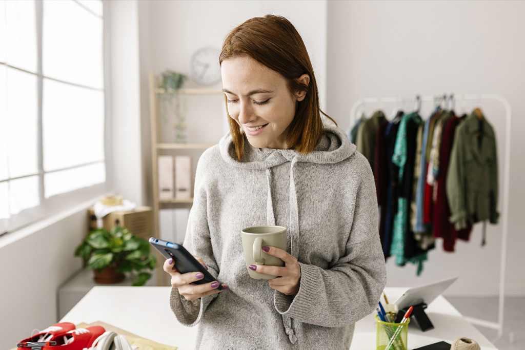Egy szürke pulóvert viselő nő mobiltelefont tart az egyik kezében és közben kávét iszik az irodában