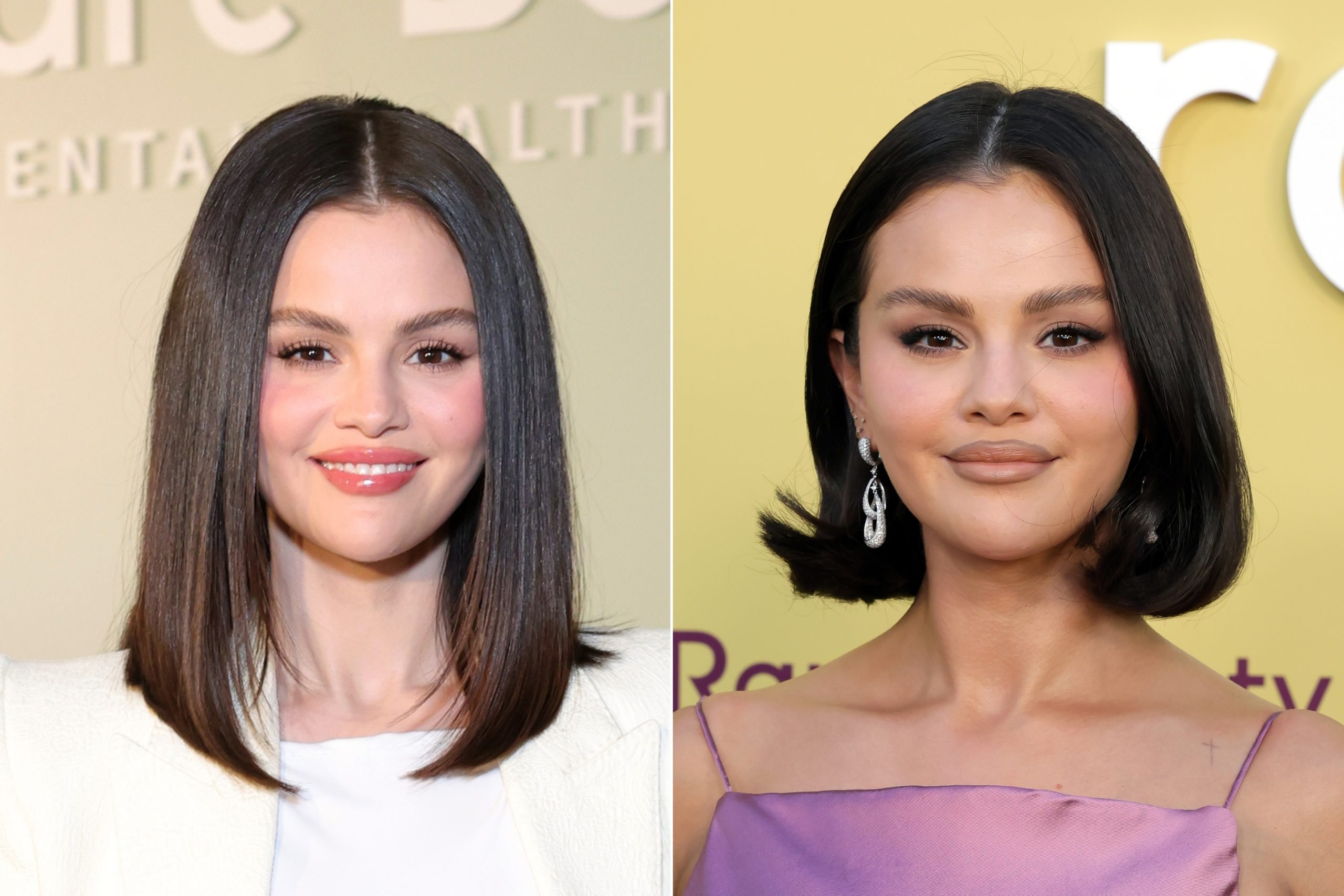 Két fotó selena Gomezről, bal oldalin hosszabb a haja long bob, jobb oldalin rövidebb, klasszikus bob