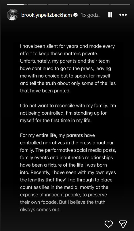 Brooklyn Beckham nyilatkozata az Instagram-sztorijában