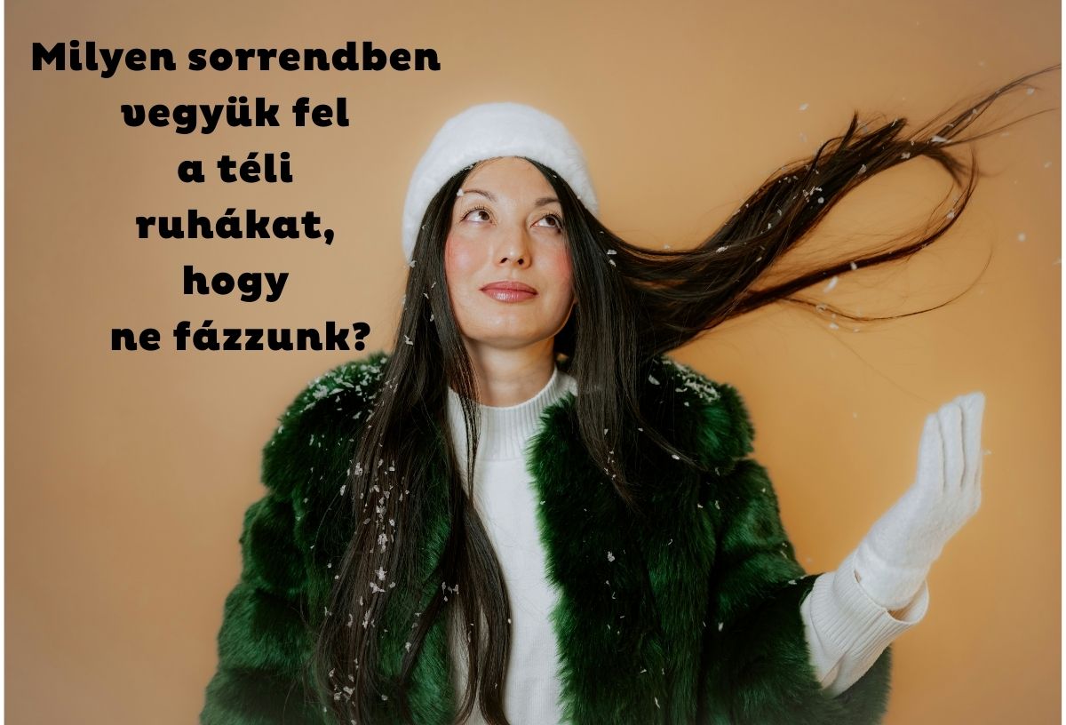 Karamell színű háttér, szép fiatal, sötét hajú nő fehér sapkában, zöld műszőrme bundában dobja hátra a haját, fehér kesztyűs kezét felemeli