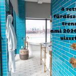 Fürdőszoba élénk kék csempével, a folyosóról belátunk a belsejébe, mintás padló és réz csapok