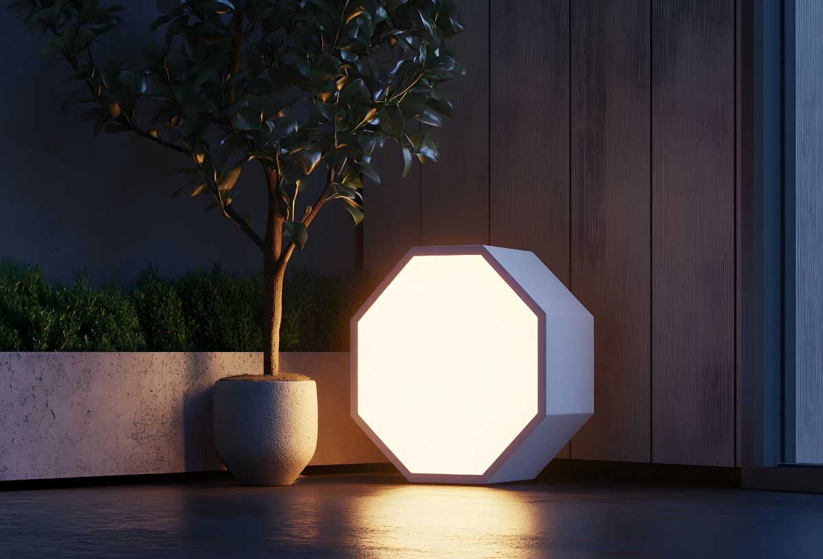 Nyolcszög alakú fényterápiás, melegfényű lámpa sötét szobában nagyméretű cserepes szobanövény mellett