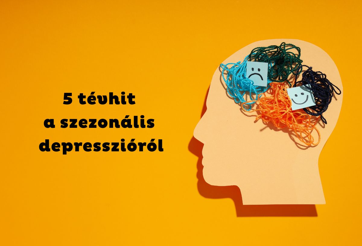 Sárga háttéren számítógépes grafika fej oldalnézetben, az agy helyén gombolyag, kék post-it szomorú, illetve mosolygó arccal