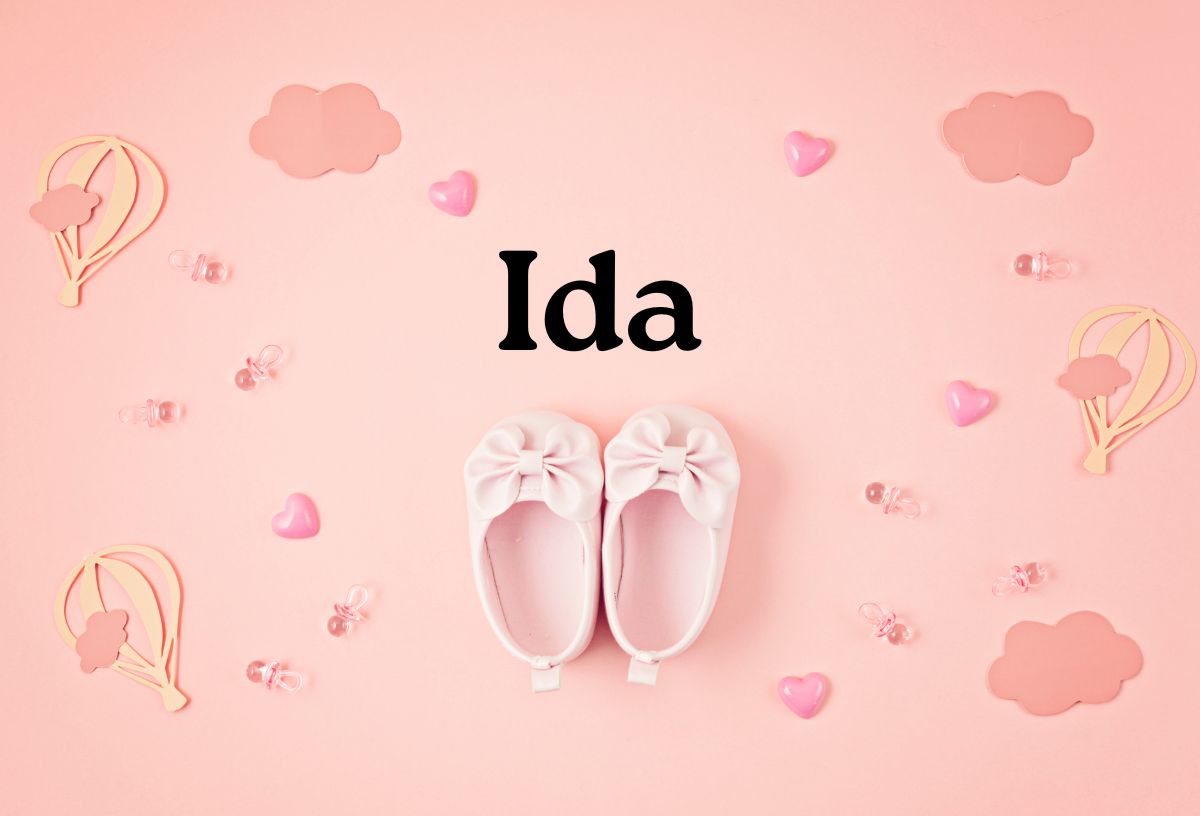 Rózsaszín háttér, kislány cipellő középen, körülötte szívecskék és felhők, középen Ida lánynév fekete betűvel