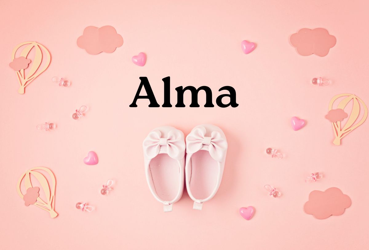 Rózsaszín háttéren kislány cipellő, szívecskék és rózsaszín felhők körben, középen az Alma név feketével írva