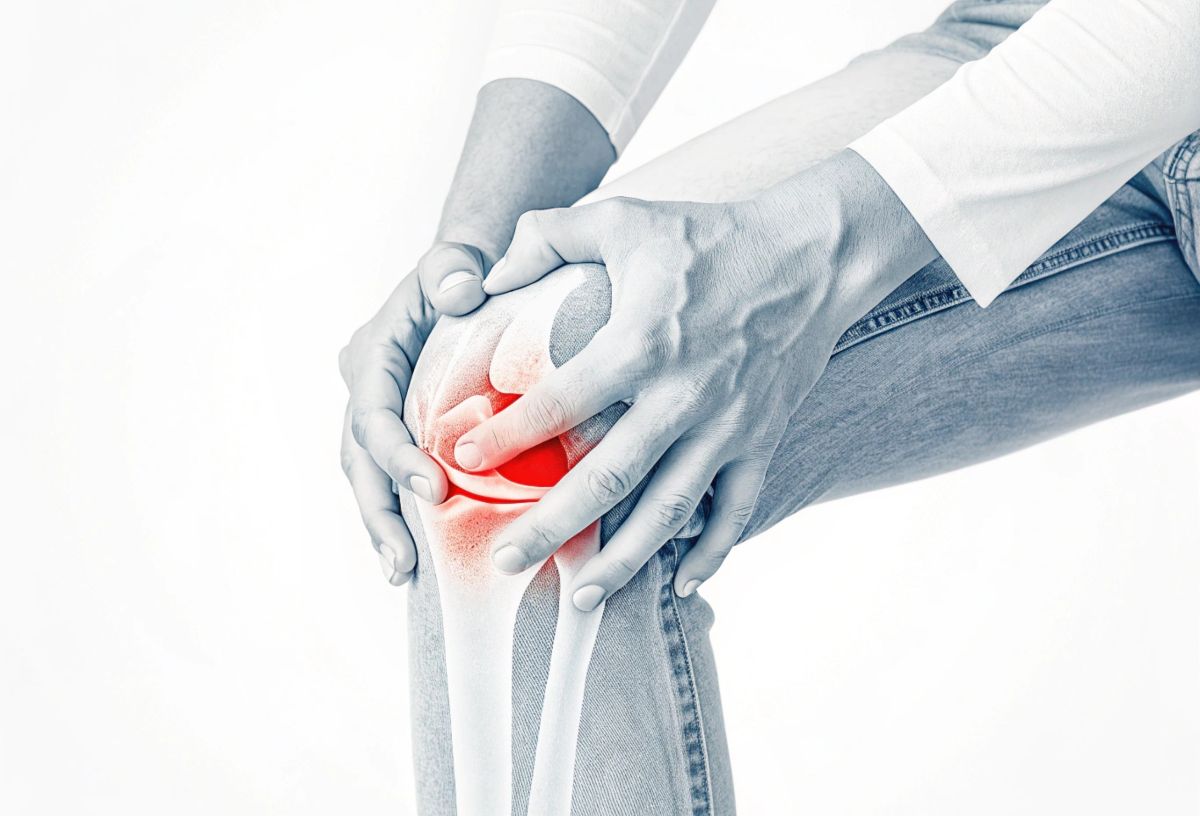 Számítógépes grafika kékes hatású rajzzal, férfi fogja a térdét, a belső csontszerkezet ábrázolásán piros folttal jelölték a fájdalmas területet