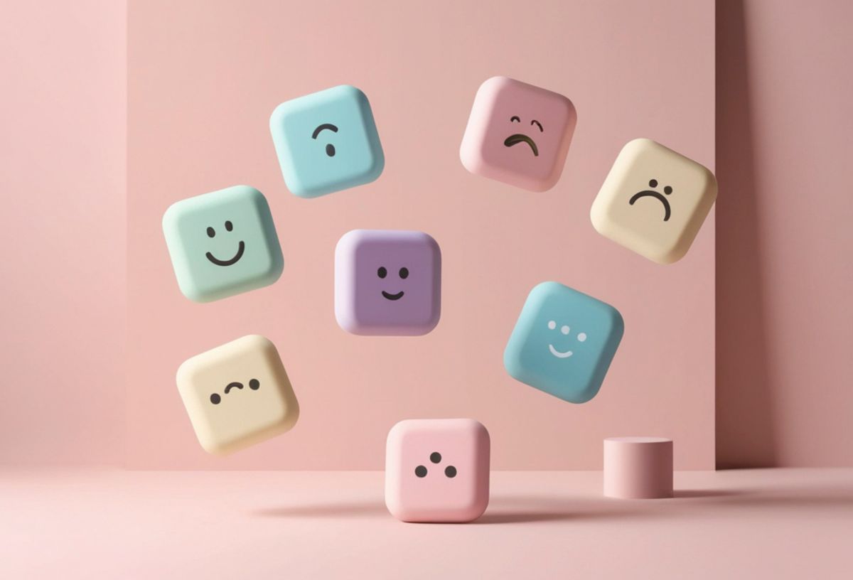Számítógépes grafika, púderszínű háttér előtt színes kis kockák különböző arckifejezések sematikus rajzával
