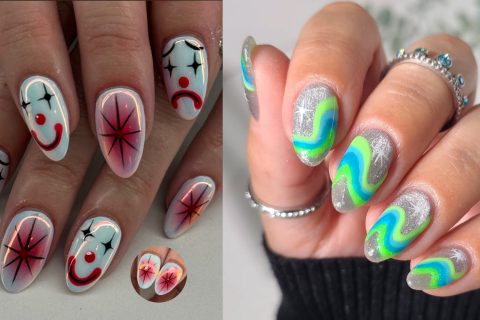 Farsangi körmök, bohócmintás és kék-zöld hullámmintás