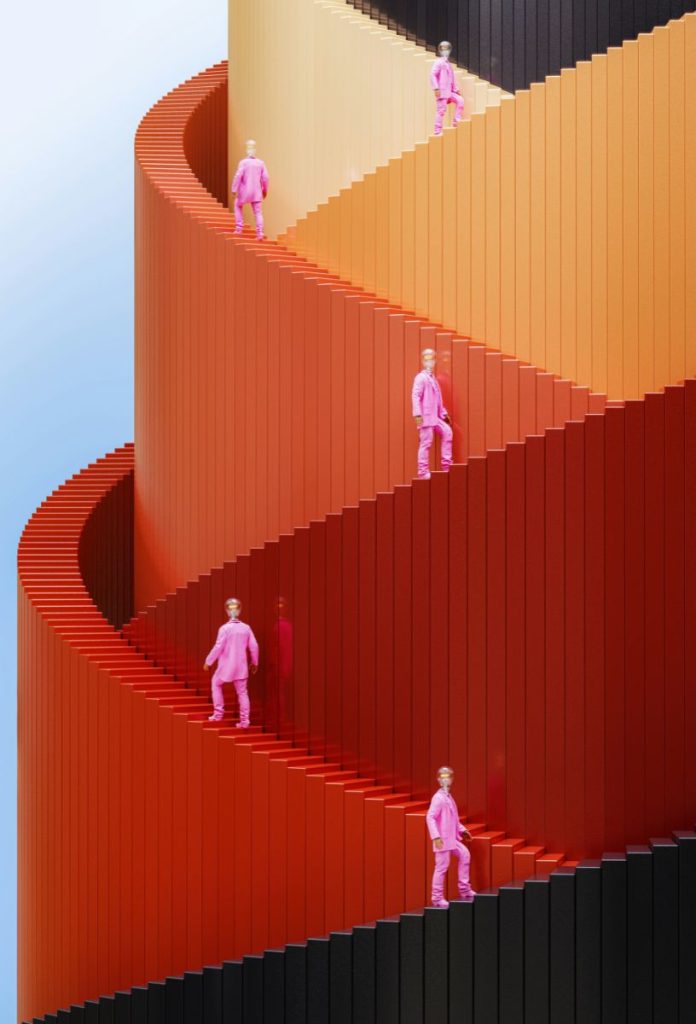 februari-telihold-horoszkop | Marie Claire Színes lépcsők vezetnek toronyba, melyen apró rózsaszín ruhába öltözött alakok haladnak felfelé, számítógépes grafika