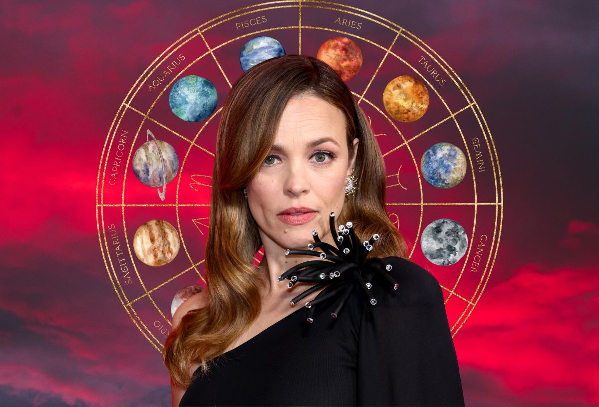 Rachel McAdams vörös égbolttal a háttérben és asztrológiai kör a csillagjegyekkel és a bolygókkal