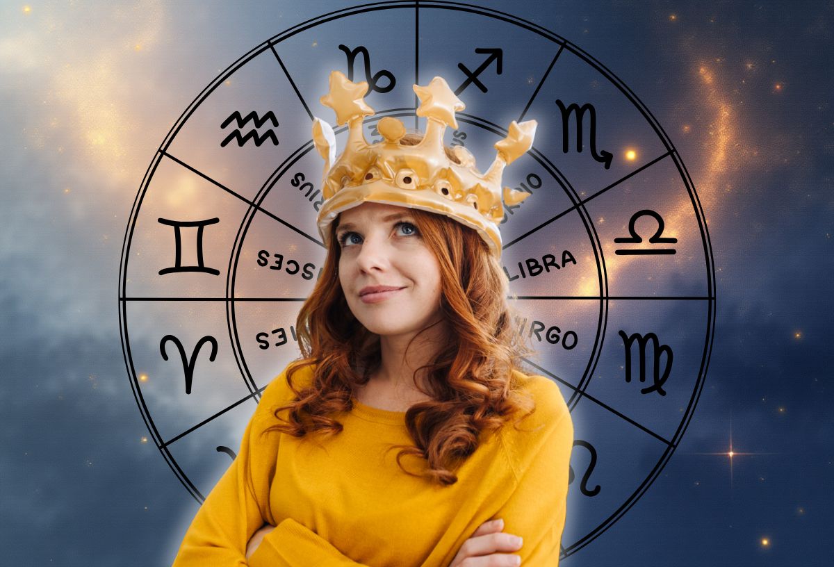 Egy nő koronával, mögötte horoszkóp szimbólum