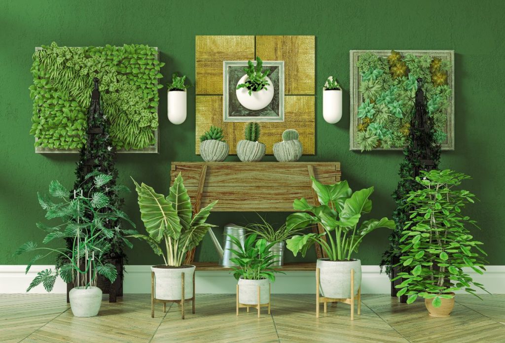 legjobb-hobbik-tematikus-kerteszkedes | Marie Claire Zöld fal előtt szobanövények falon, polcon, kaspókban