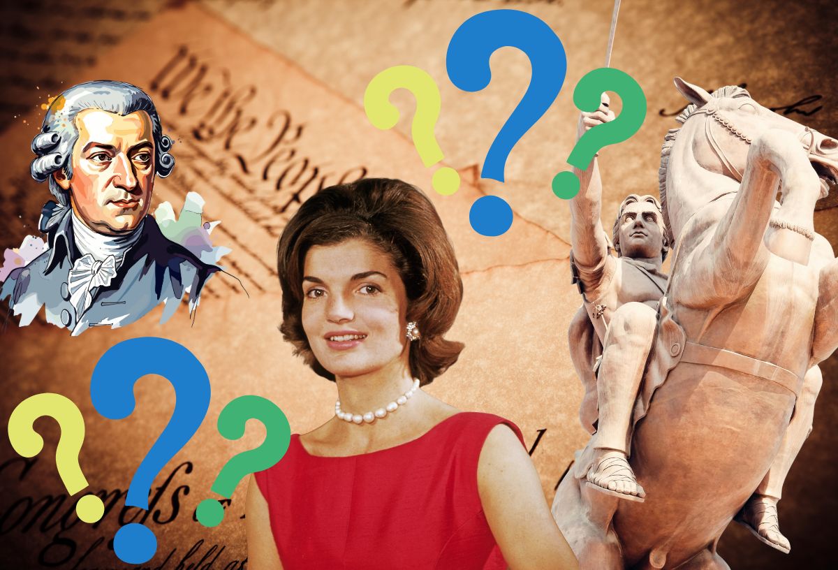 Történelmi újságkivágások megsárgulva a háttérben, ókori lovasszobor, Jacqueline Kennedy portréja és grafika Mozartról, kérdőjelek