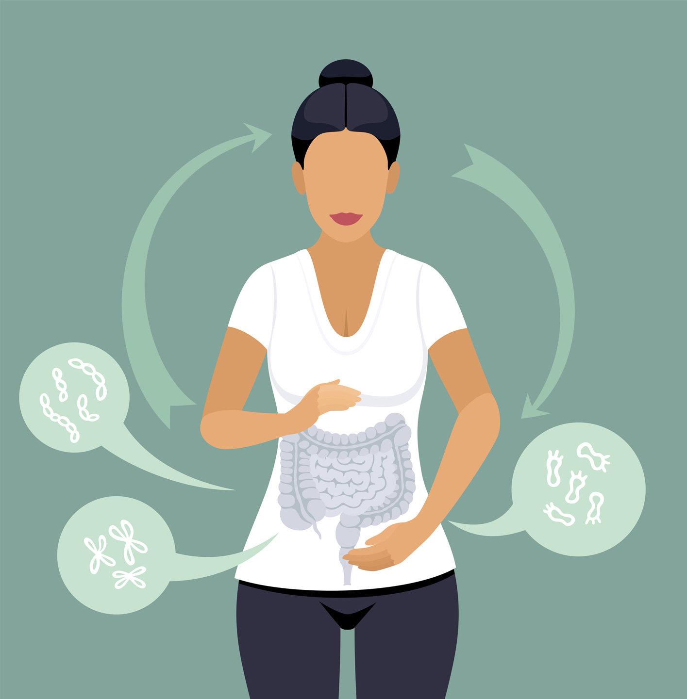 milyen-gyors-emesztes-teszt | Marie Claire Grafika egy nőről, aki a gyomrát helyezi fókuszba, és három kis ábrán a bélben található baktériumok, élőflórák láthatók