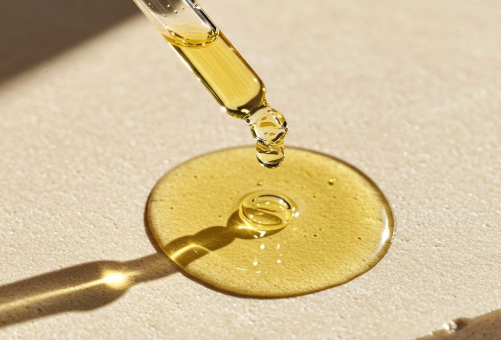 aktiv-hatoanyag-szemkornyek-nyak | Marie Claire Sárga színű szérumot cseppent aktív hatóanyaggal pipettából natúr színű felületre, árnyéka alul odavetül