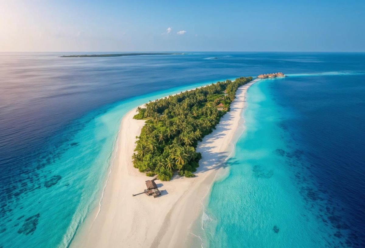 Apró trópusi sziget az óceánban madártávlatból