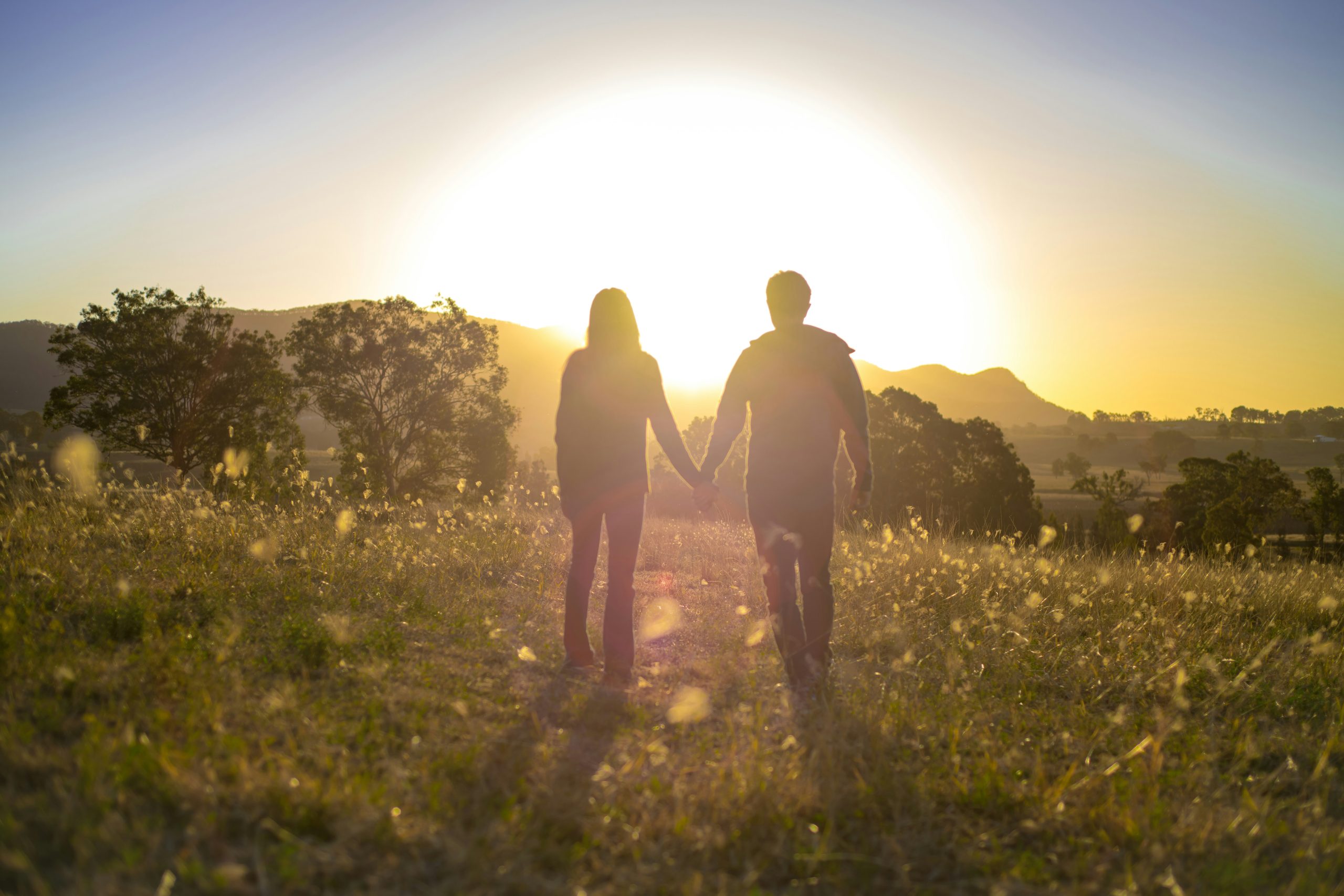 pár egymás kezét fogva háttal sétál a nap felé