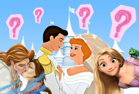 Disney kastély a háttérben, Disney-hercegnők és párjaik, rózsaszín kérdőjelek