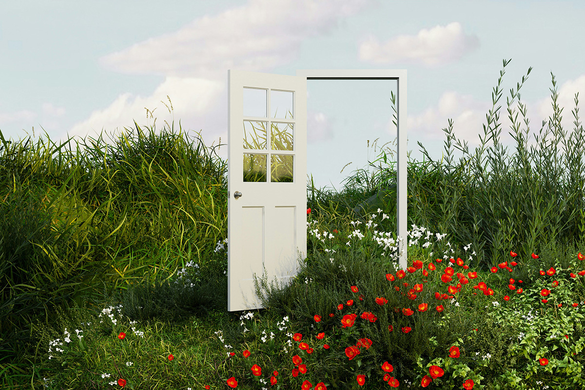 Nyitott ajtó keretben virágos réten