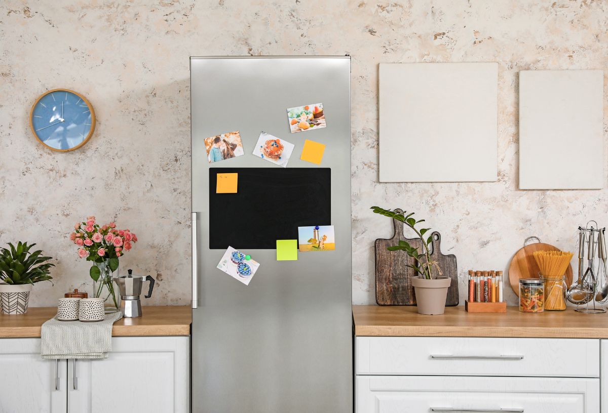 Ezüst hűtőszekrény modern konyhában, rajta hűtőmágnesek és gyerekrajzok