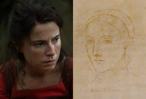 Jessie Buckley, a Hamnet című filmben Agnes Hathaway szerepében, jobbra Shakespeare feleségéről készült korabeli rajz