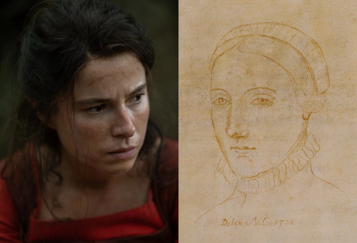 Jessie Buckley, a Hamnet című filmben Agnes Hathaway szerepében, jobbra Shakespeare feleségéről készült korabeli rajz