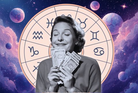 Egy nő örül, pénzt tart a kezében, mögötte horoszkóp szimbólum és bolygók a háttérben