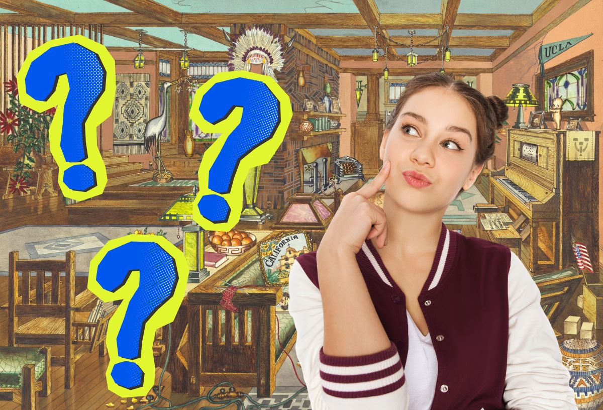 Fiatal lány bomberdzsekiben gondolkodva néz, ujjával az arcára támaszkodik, háttérben régi rajz kézműves mesterek boltjáról, kék kérdőjelek