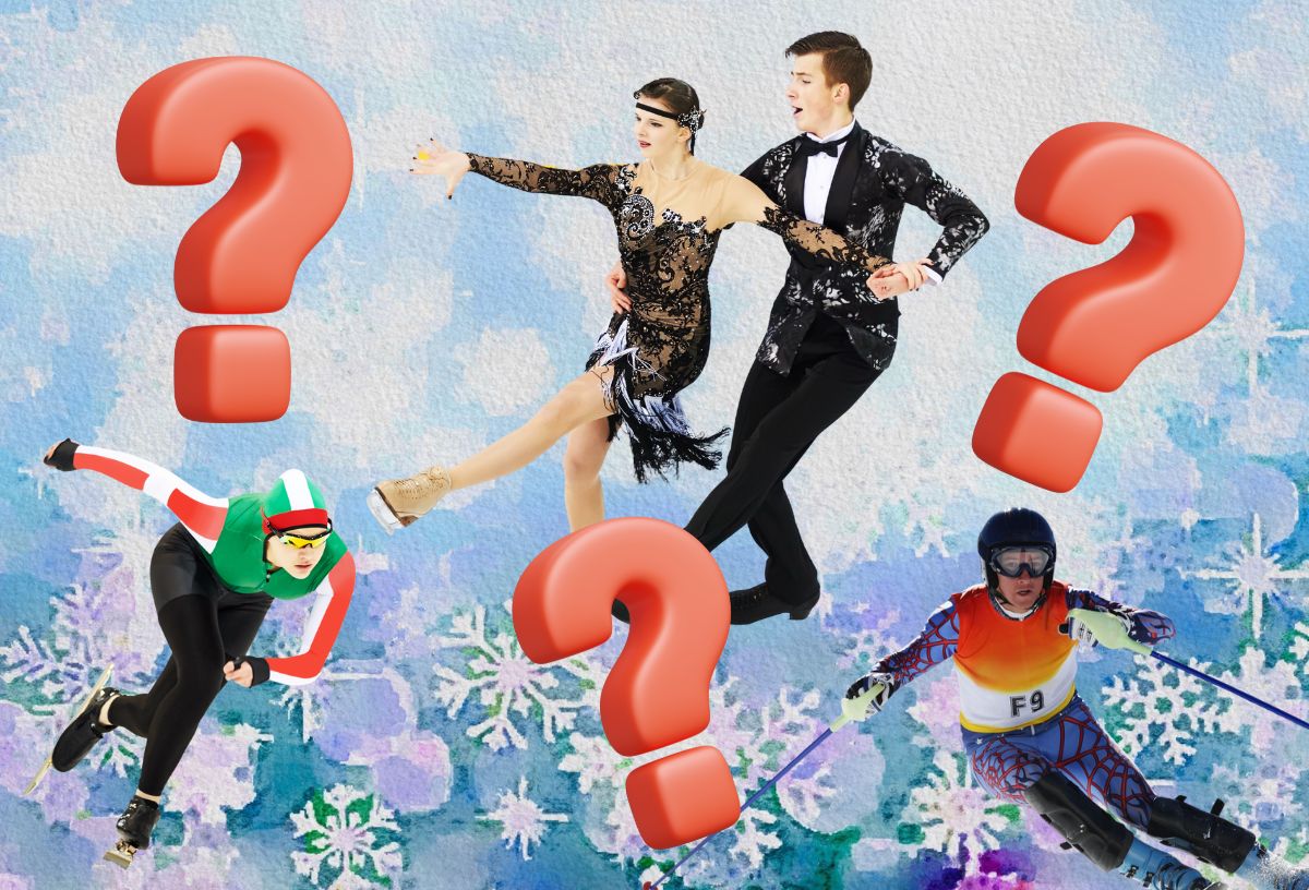 Téli olimpiai sportágak: sílesiklás, gyorskorcsolya, műkorcsolya, téli háttér, piros térbeli kérdőjelek