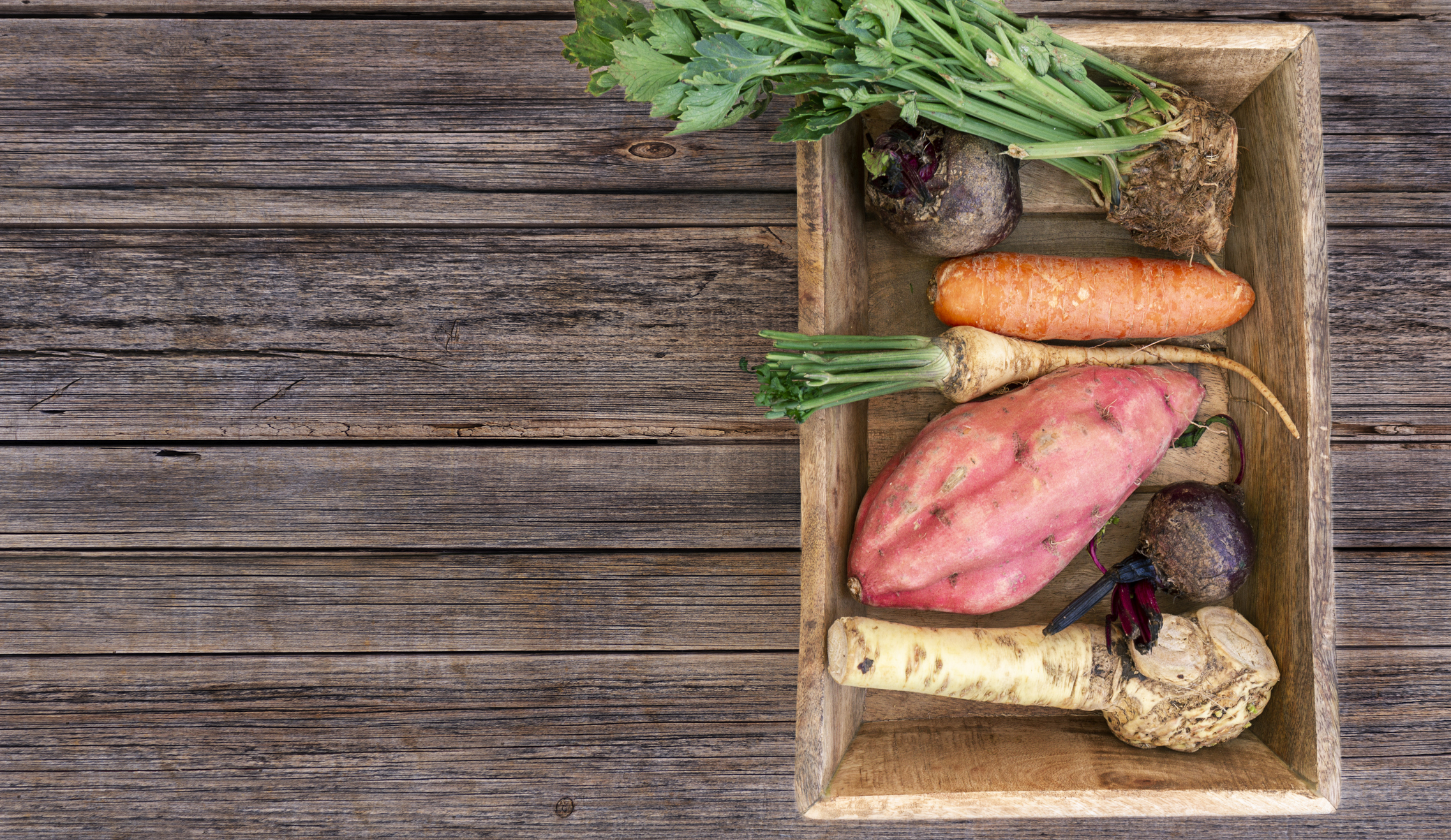 különböző zöldségek felülnézetből a kép jobb oldalán: répa, cékla, petrezselyemgumó, édesburgonya, torma