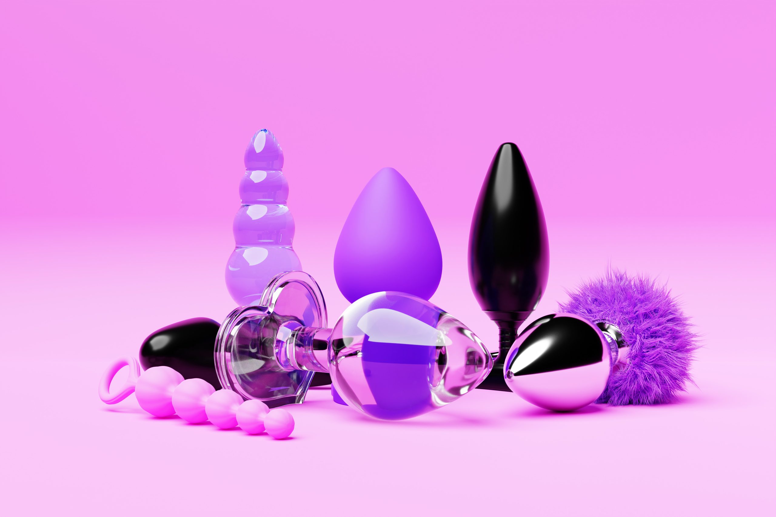 Különböző szexjátékok lila háttér előtt
