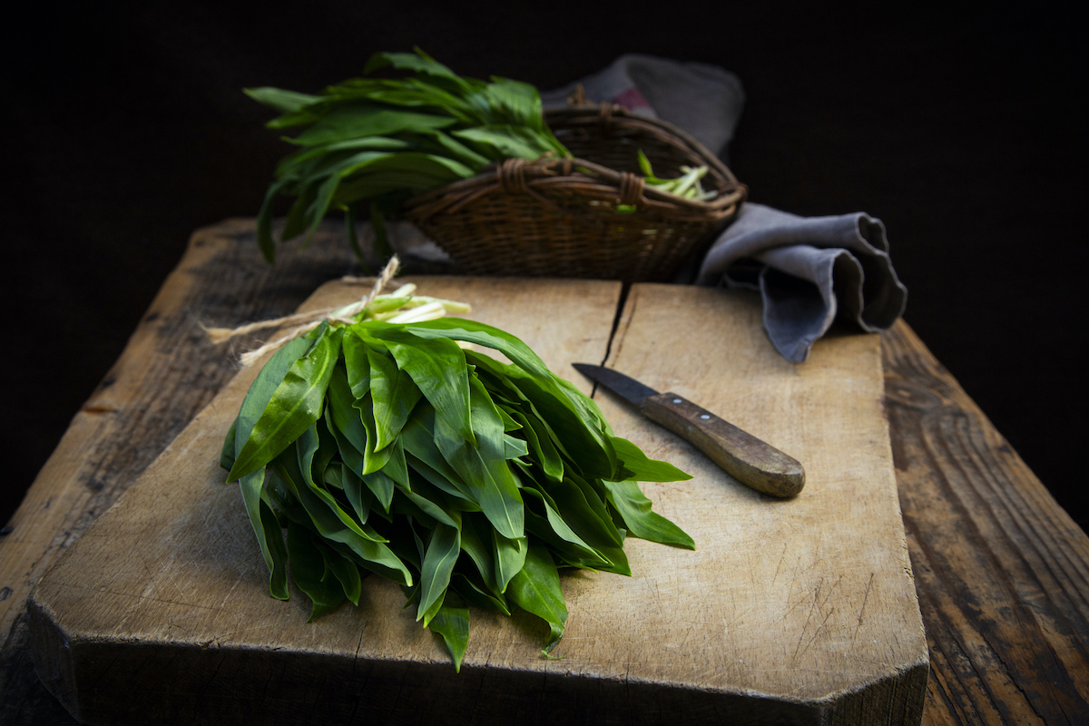 Medvehagyma köteg egy rusztikus vágódeszkán, mellette egy kés és egy fűz kosár.