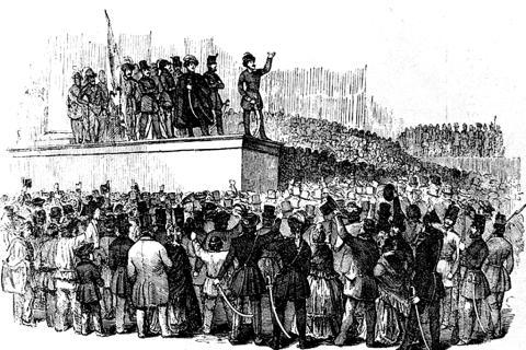 Petőfi Sándor szaval a múzeum lépcsőjén ismeretlen szerző rajzán