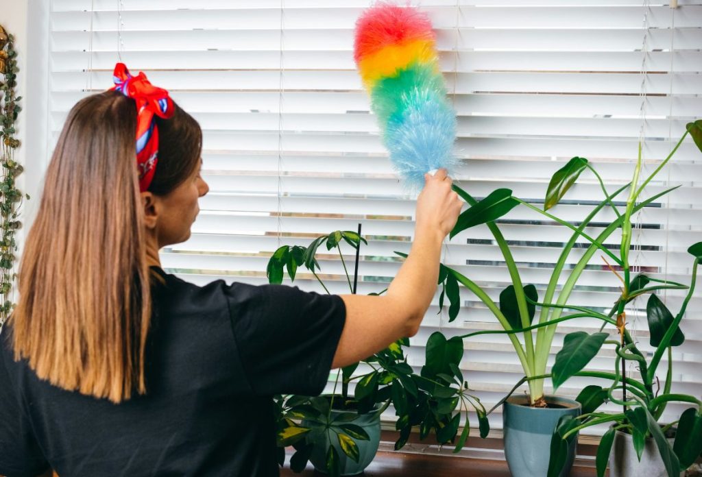 Nő háttal állva porolóval takarítja a fehér árnyékolót szobanövények felett