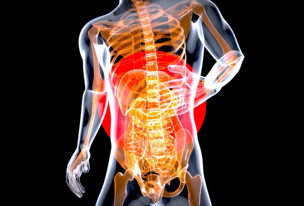Fekete háttéren számítógépes grafika emberi testről, amiben piros körökkel ábrázolják a krónikus gyulladásokat