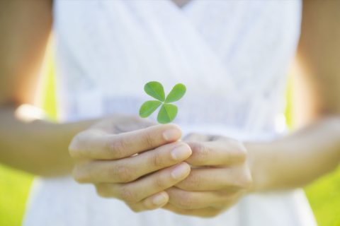 Egy női kéz egy négylevelű lóherét tart a kezei közt