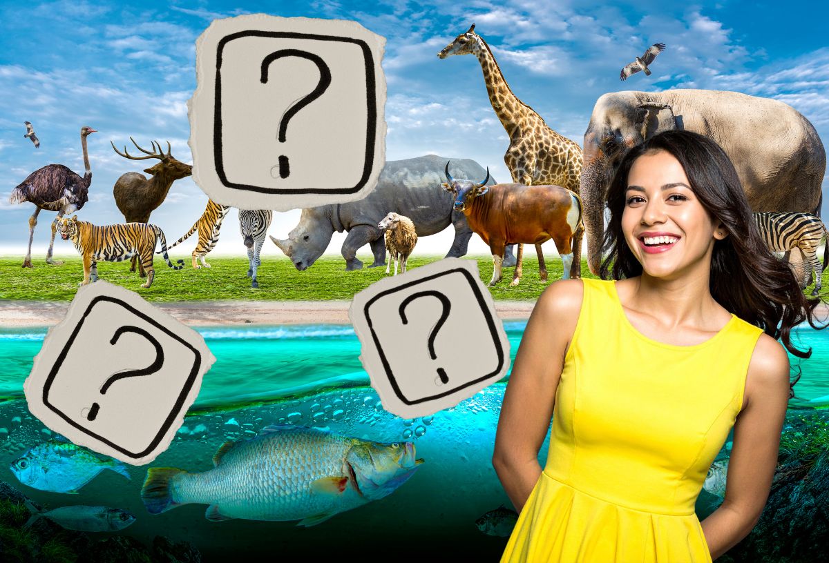 Föld élővilága háttérben, kérdőjelek papírra írva, sárga ruhás, barna hajú szép fiatal nő mosolyog