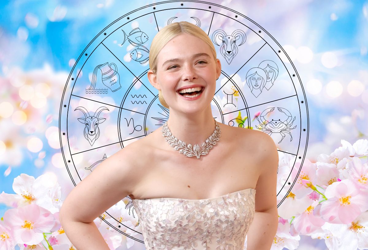 Elle Fanning színésznő vidáman nevet, tavaszi virágos háttér, csillagjegyek szimbólumai asztrológiai körben