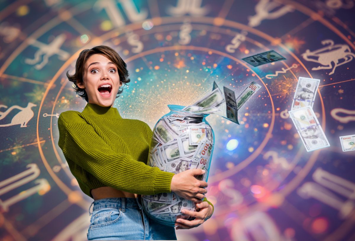 Egy nő sok pénzt fog, háttérben horoszkóp szimbólum